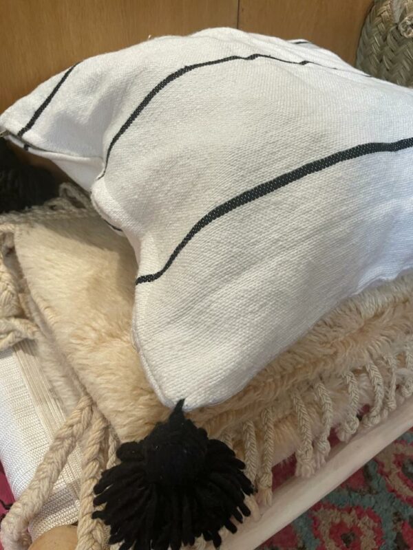 Housse de coussin en coton blanc et fine rayure noir.