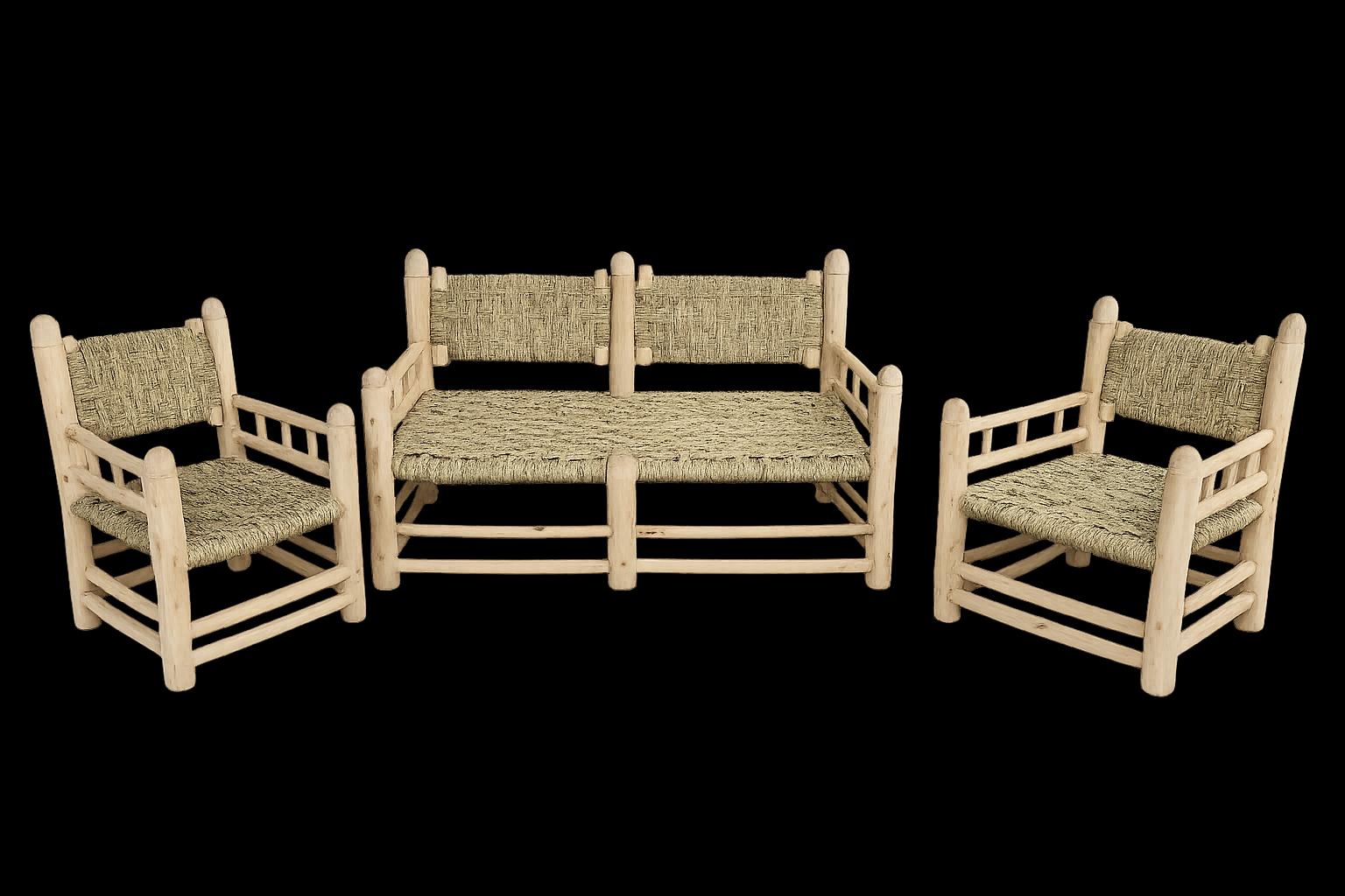 ensemble fauteuil et canapé bois et corde Ensemble fauteuil artisanal bois corde tressée fabrication marocaine